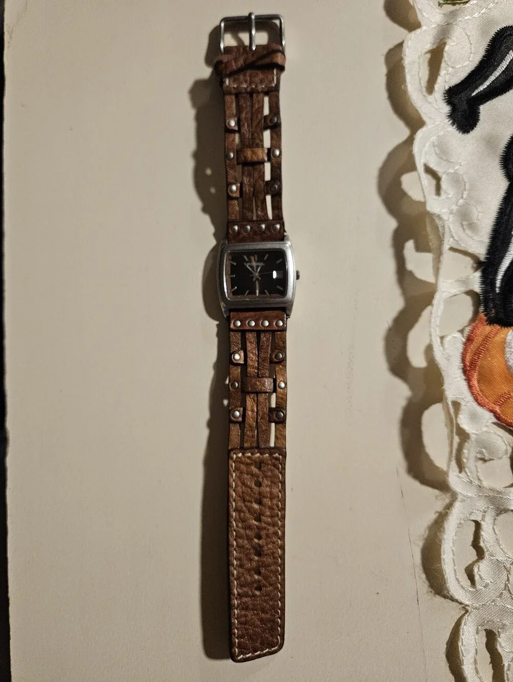 Fossil JR-8552 Vintage Square Dial Watch - Studded Brown Leather Band - WORKING